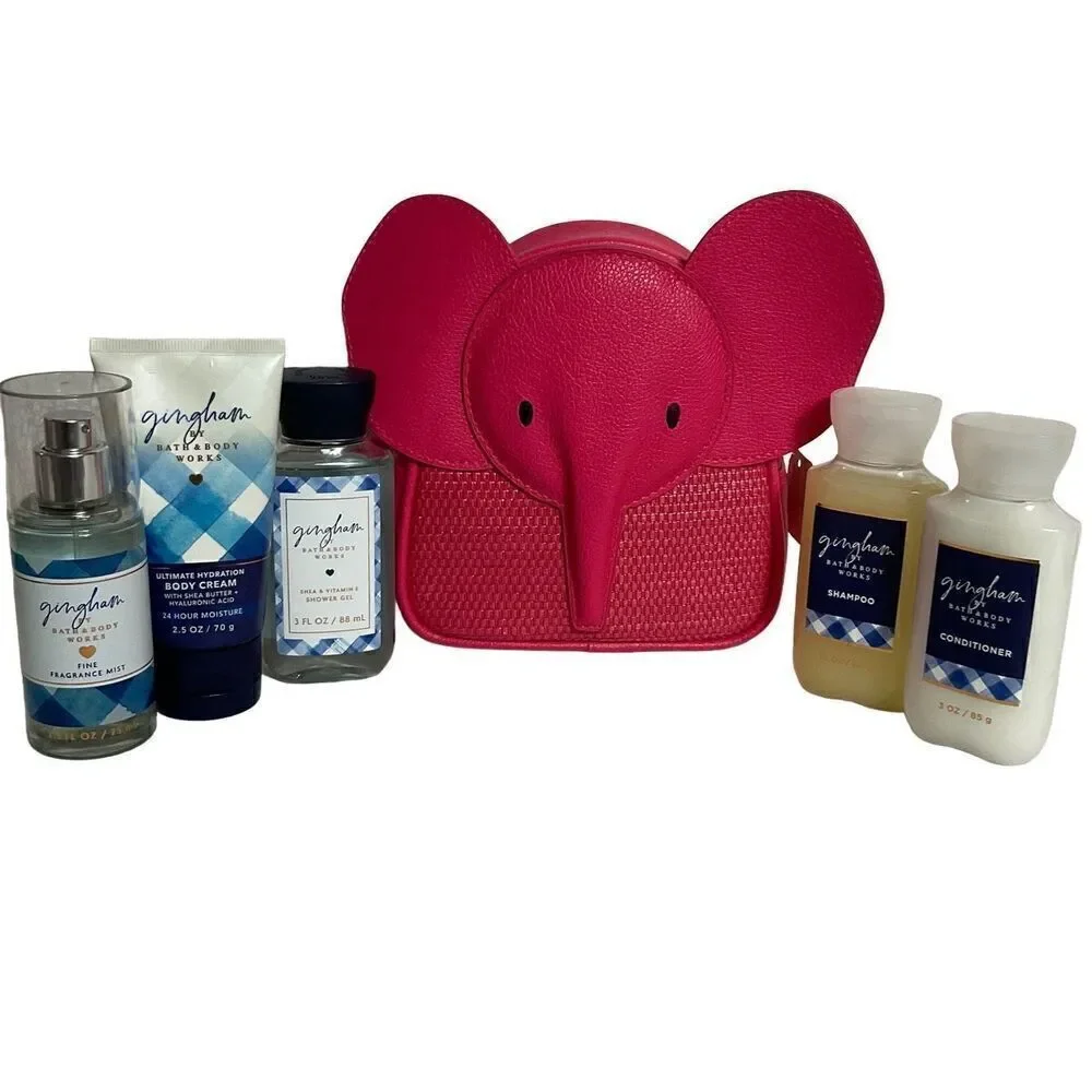 Bath and Body Works Pink Elephant Cosmetic Case  and GINGHAM 5 pc Travel Size